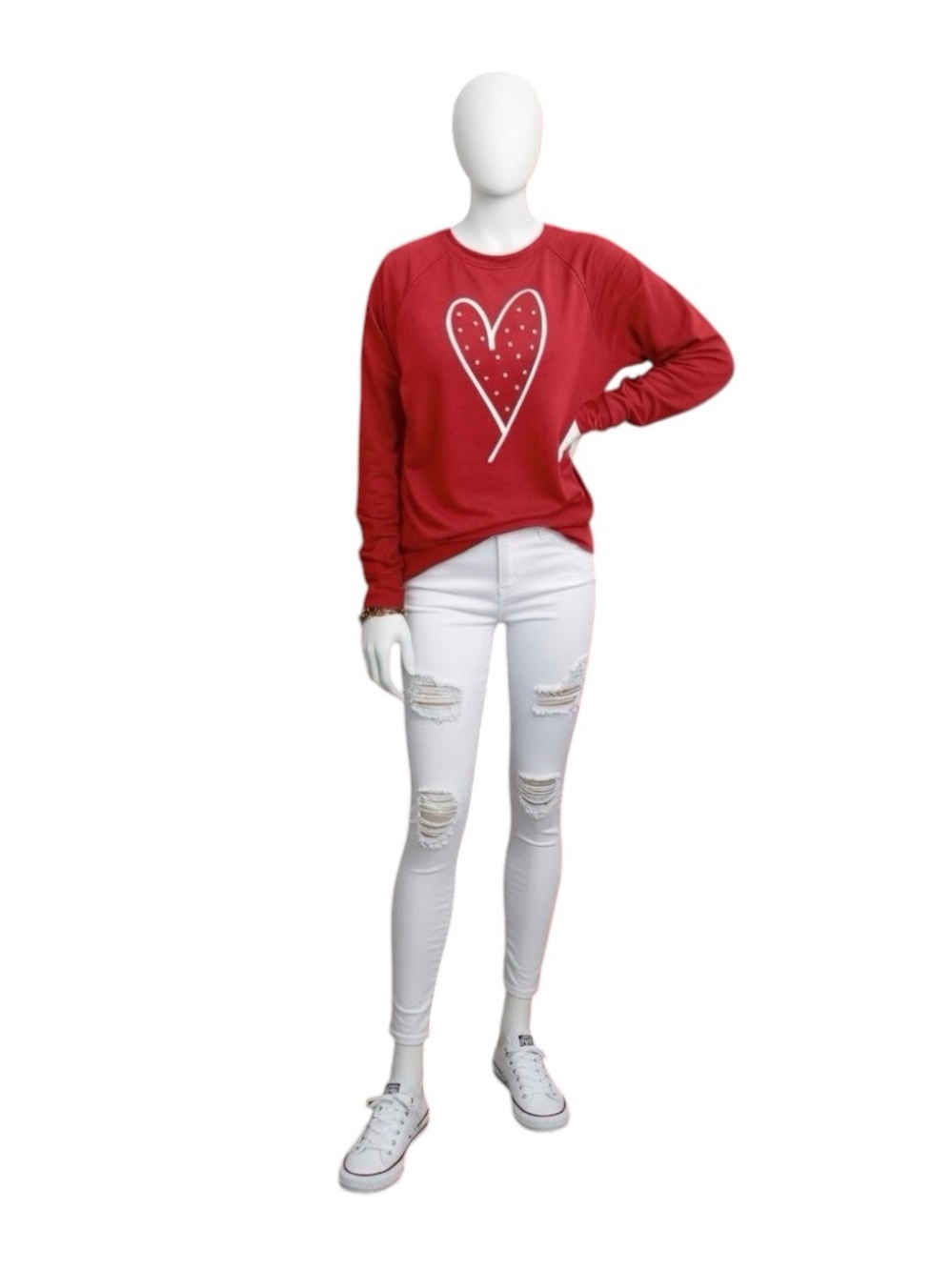 Red raglan long sleeve faux pearl top M L